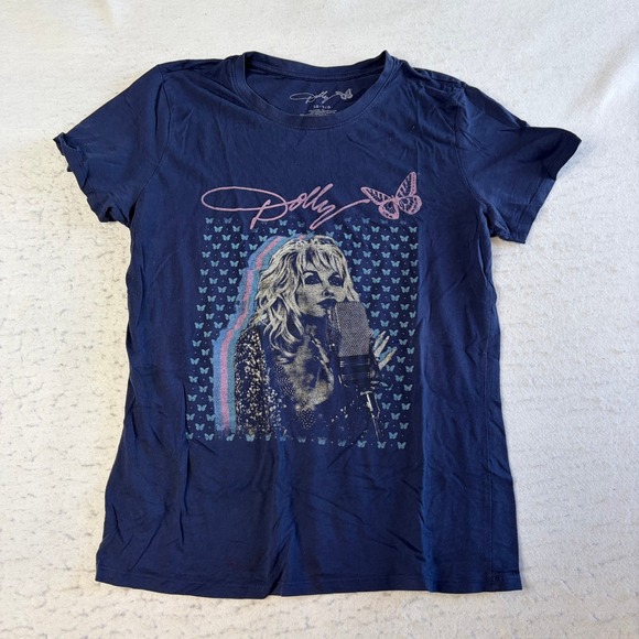 Dolly Parton Tops - Dolly Parton Graphic T-Shirt Womens Large Navy Blue Butterfly Country Music